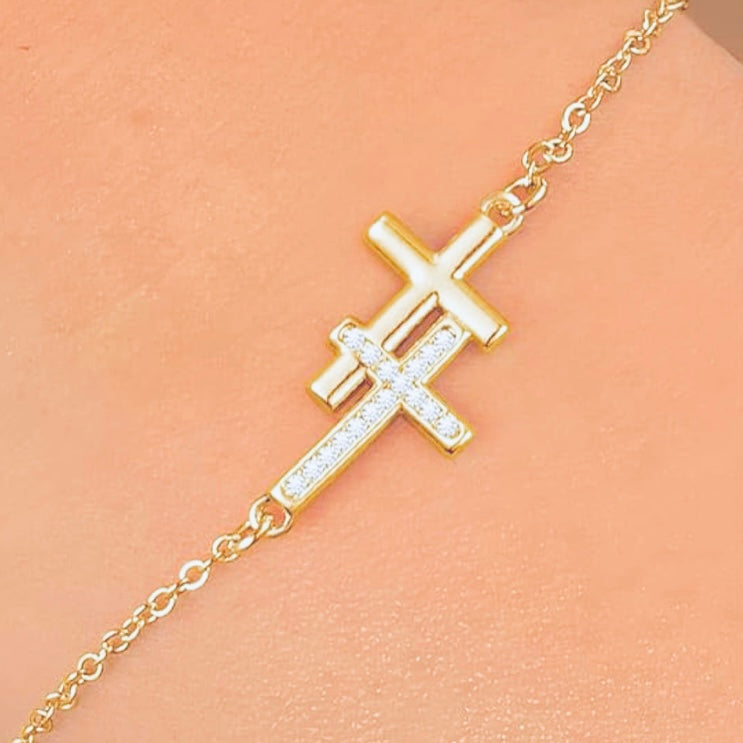 14k Gold Silver Double Cross CZ Bracelet – Adjustable Faith & Sparkle Ladies Gift
