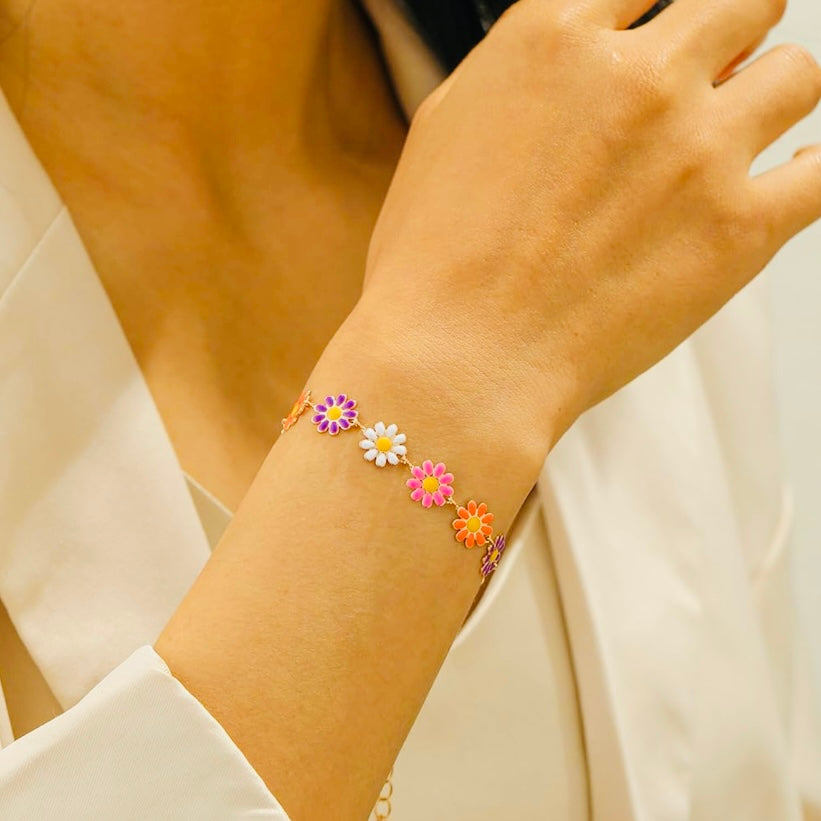 Multi-Colored 10K Vermeil Gold & Silver Flower Bracelet – Hypoallergenic, Waterproof & Adjustable