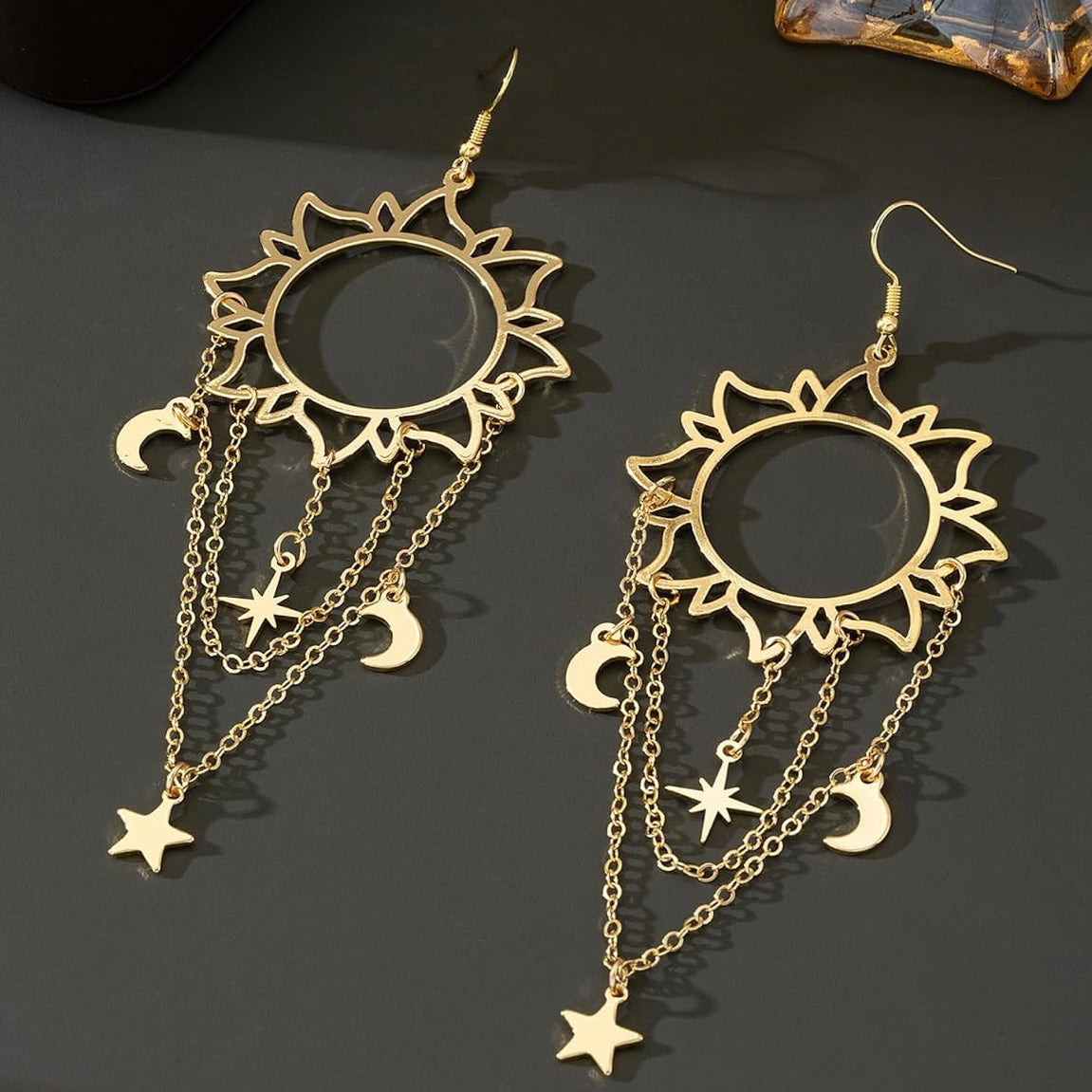Celestial Charm Dangle Earrings – Sun, Moon & Star in Vermeil Gold | Hypoallergenic & Lightweight