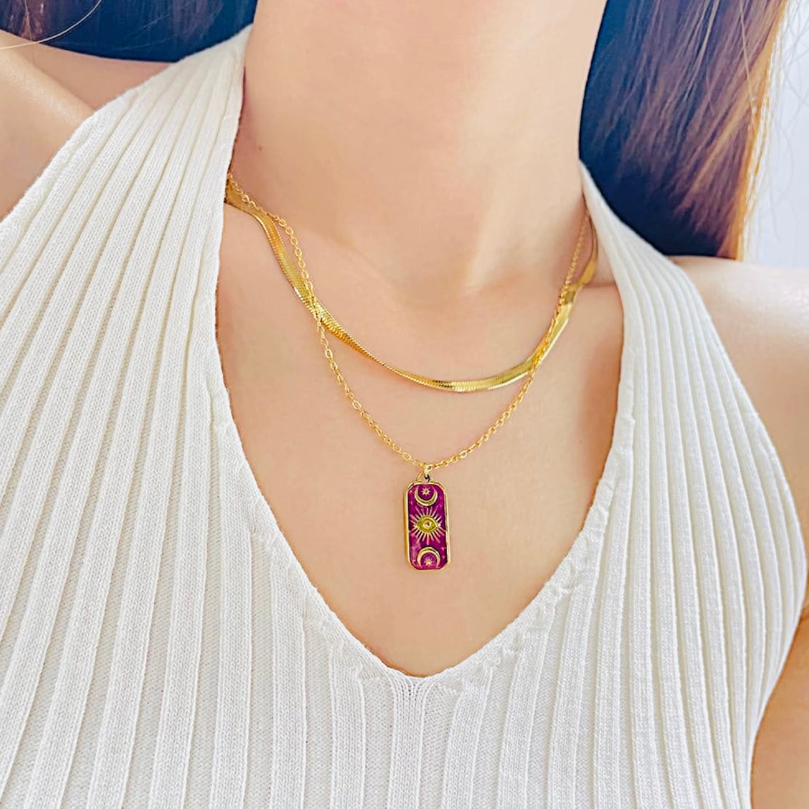 Gold Zodiac Layered Necklace – Minimalist Herringbone & Sun Tarot Pendant Necklace