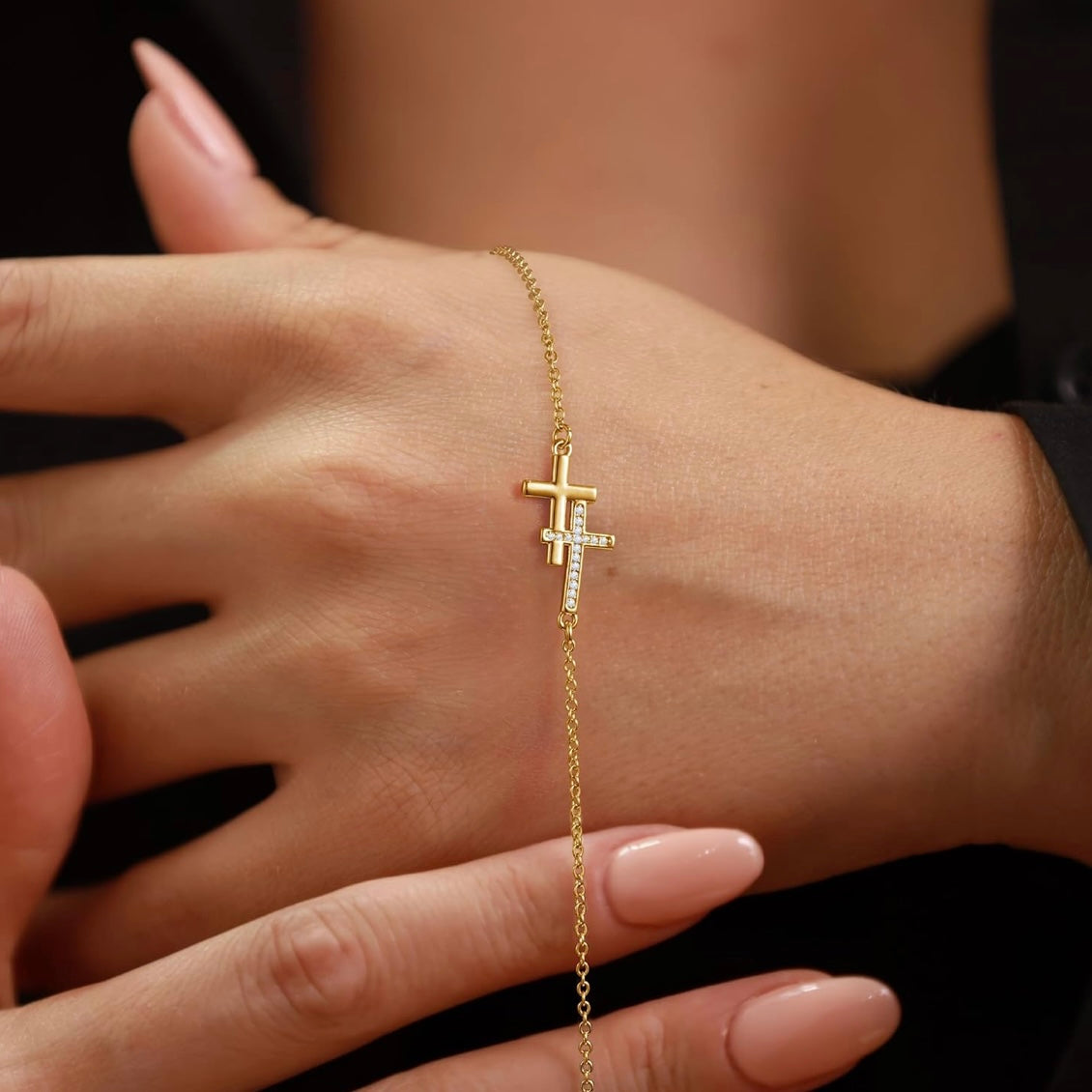 14k Gold Silver Double Cross CZ Bracelet – Adjustable Faith & Sparkle Ladies Gift