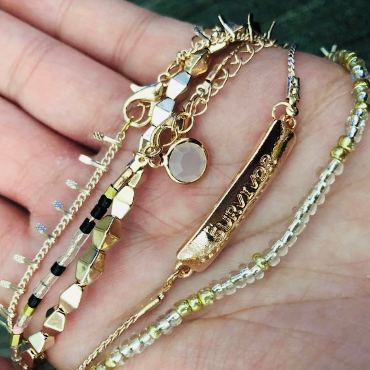 Beautiful 5 Piece Dainty Gold Cancer Survivor Bracelet Set| Fits All sizes