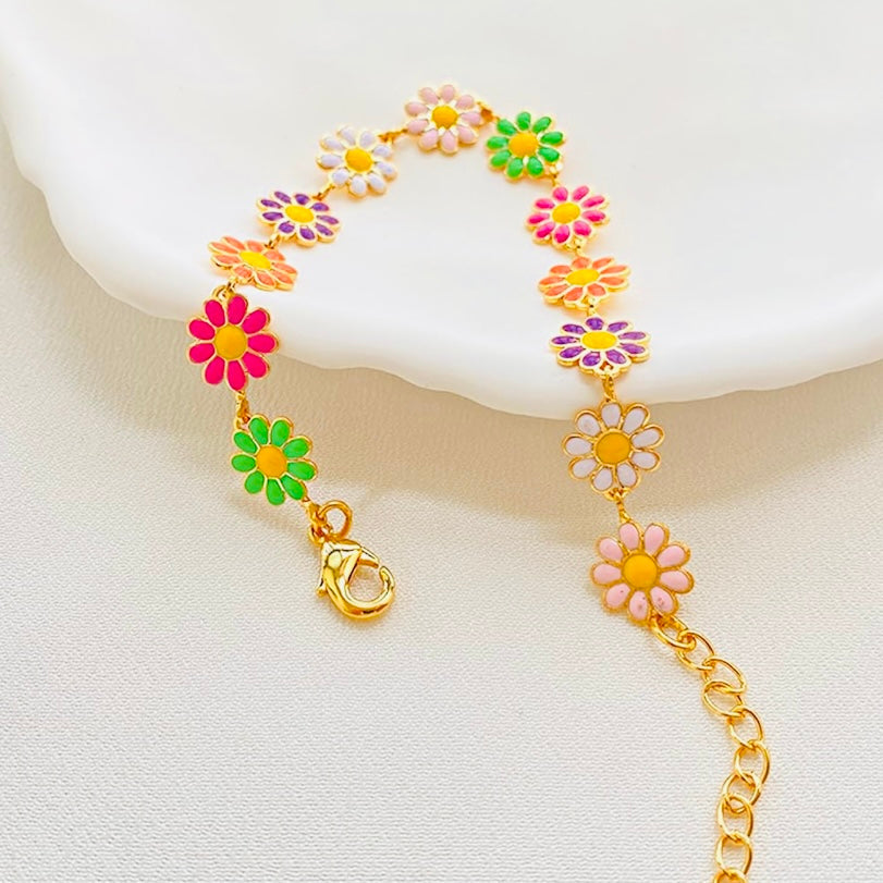 Multi-Colored 10K Vermeil Gold & Silver Flower Bracelet – Hypoallergenic, Waterproof & Adjustable
