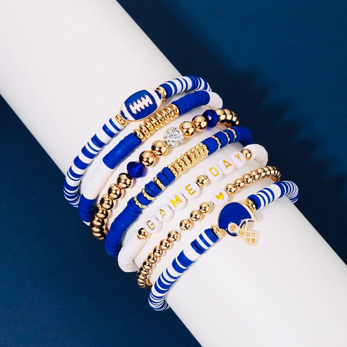 Game Day 8 piece Stackable Friendship FootBall CZ Beaded Charm Bracelet Set In Various Colors & Styles