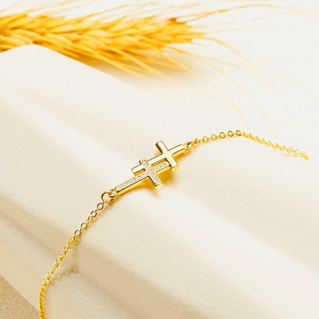 14k Gold Silver Double Cross CZ Bracelet – Adjustable Faith & Sparkle Ladies Gift