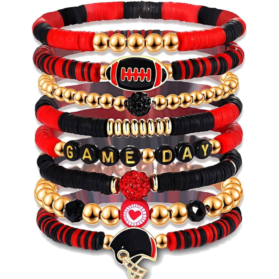 Game Day 8 piece Stackable Friendship FootBall CZ Beaded Charm Bracelet Set In Various Colors & Styles