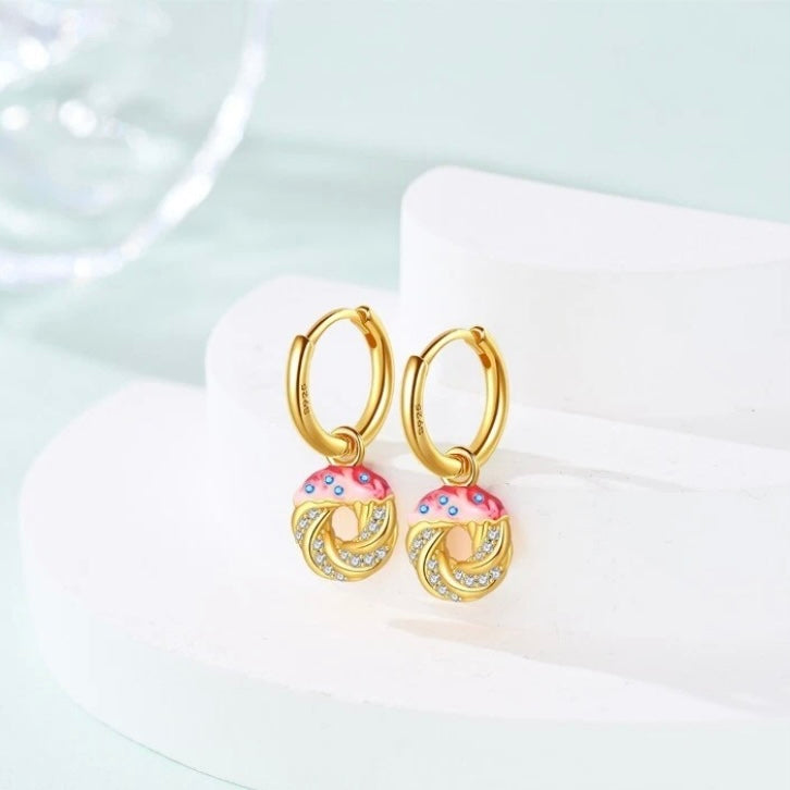 Tricolor Enamel Donut Hoop Dangle Earrings | 10k Vermeil Gold with Australia Crystals