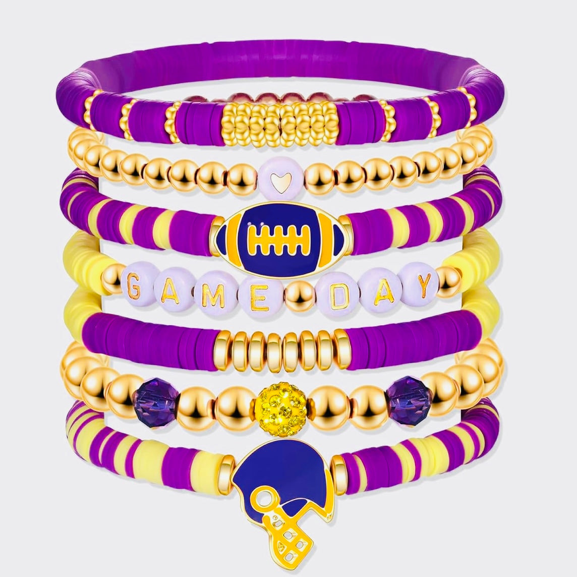 Game Day 8 piece Stackable Friendship FootBall CZ Beaded Charm Bracelet Set In Various Colors & Styles