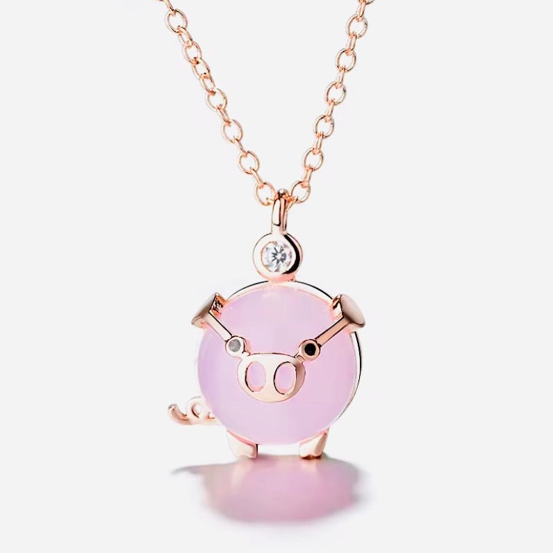 Rose Gold Piglet Pendant With Rose Quartz And Australian Crystal On 14k Vermeil Gold Or Silver Chain