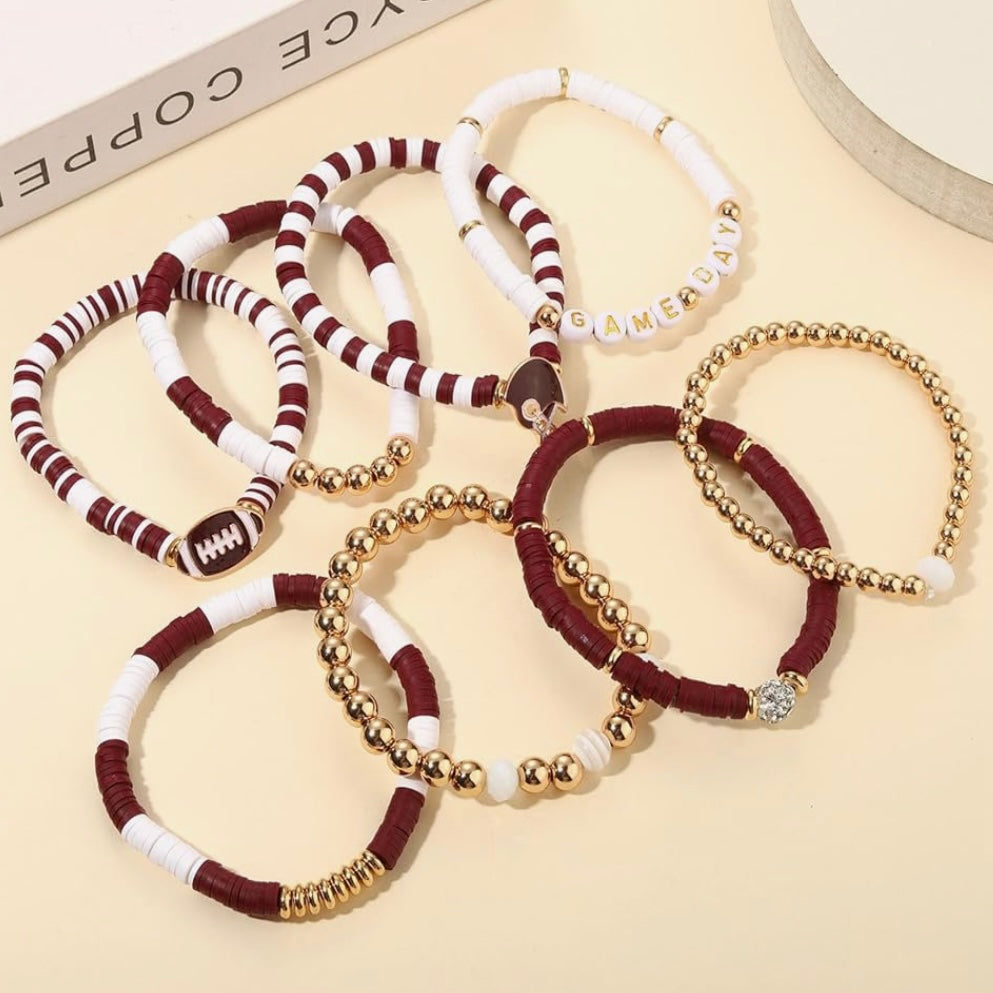 Game Day 8 piece Stackable Friendship FootBall CZ Beaded Charm Bracelet Set In Various Colors & Styles