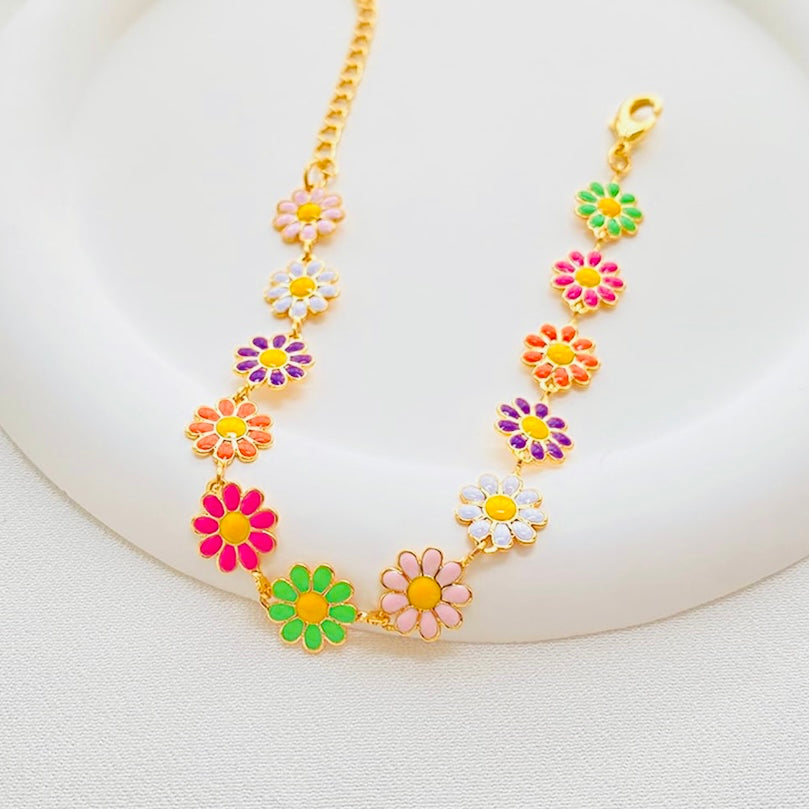 Multi-Colored 10K Vermeil Gold & Silver Flower Bracelet – Hypoallergenic, Waterproof & Adjustable