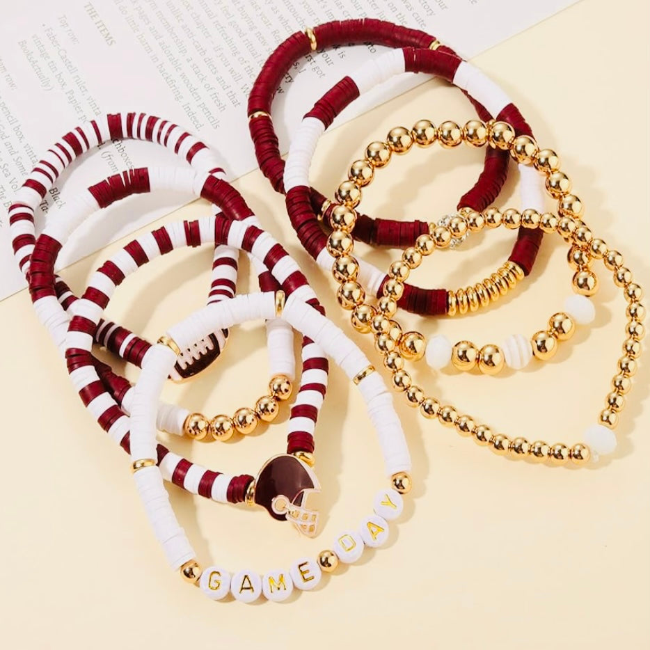 Game Day 8 piece Stackable Friendship FootBall CZ Beaded Charm Bracelet Set In Various Colors & Styles
