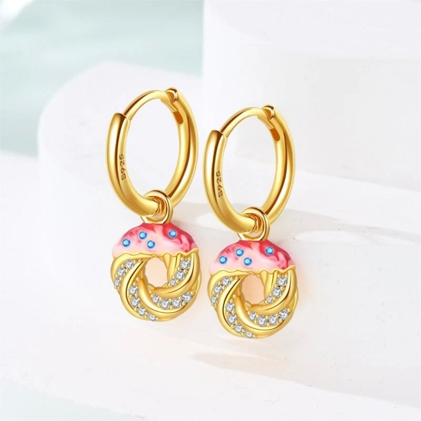 Tricolor Enamel Donut Hoop Dangle Earrings | 10k Vermeil Gold with Australia Crystals