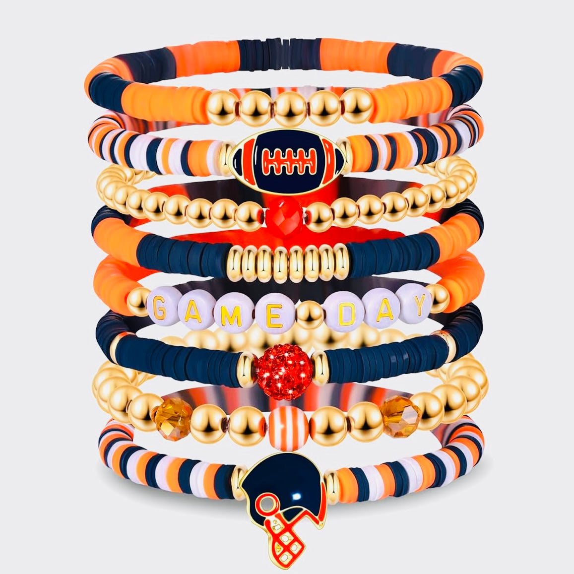 Game Day 8 piece Stackable Friendship FootBall CZ Beaded Charm Bracelet Set In Various Colors & Styles