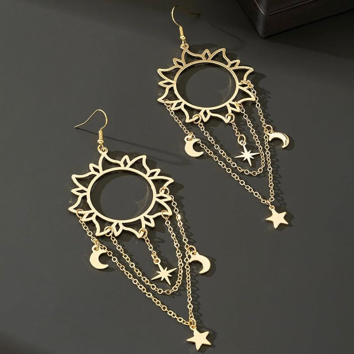 Celestial Charm Dangle Earrings – Sun, Moon & Star in Vermeil Gold | Hypoallergenic & Lightweight