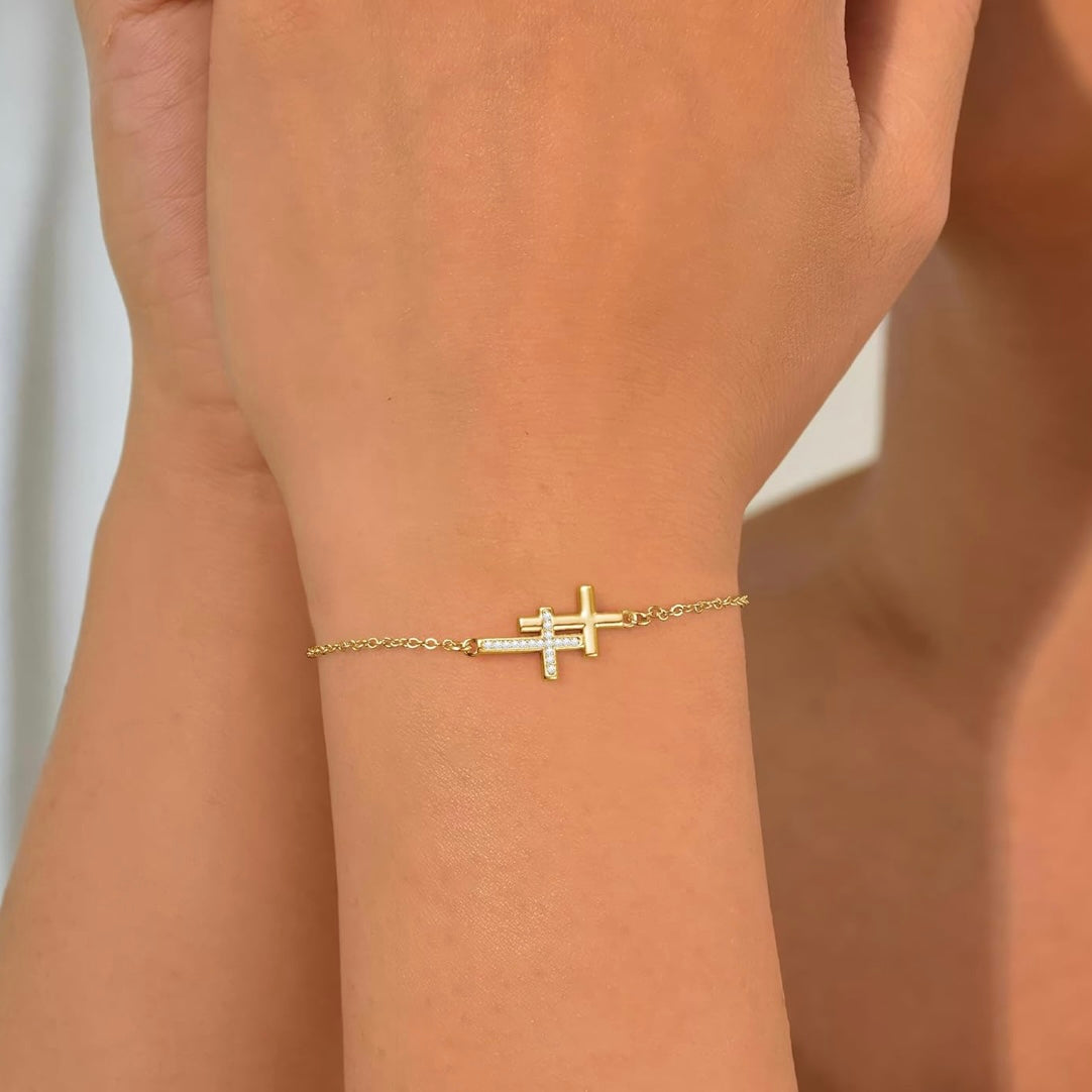 14k Gold Silver Double Cross CZ Bracelet – Adjustable Faith & Sparkle Ladies Gift