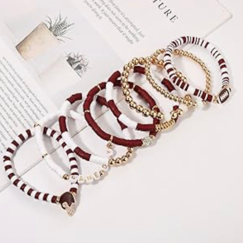 Game Day 8 piece Stackable Friendship FootBall CZ Beaded Charm Bracelet Set In Various Colors & Styles