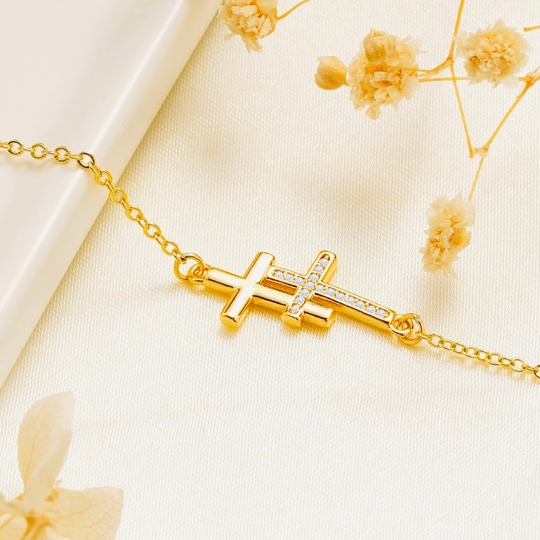 14k Gold Silver Double Cross CZ Bracelet – Adjustable Faith & Sparkle Ladies Gift