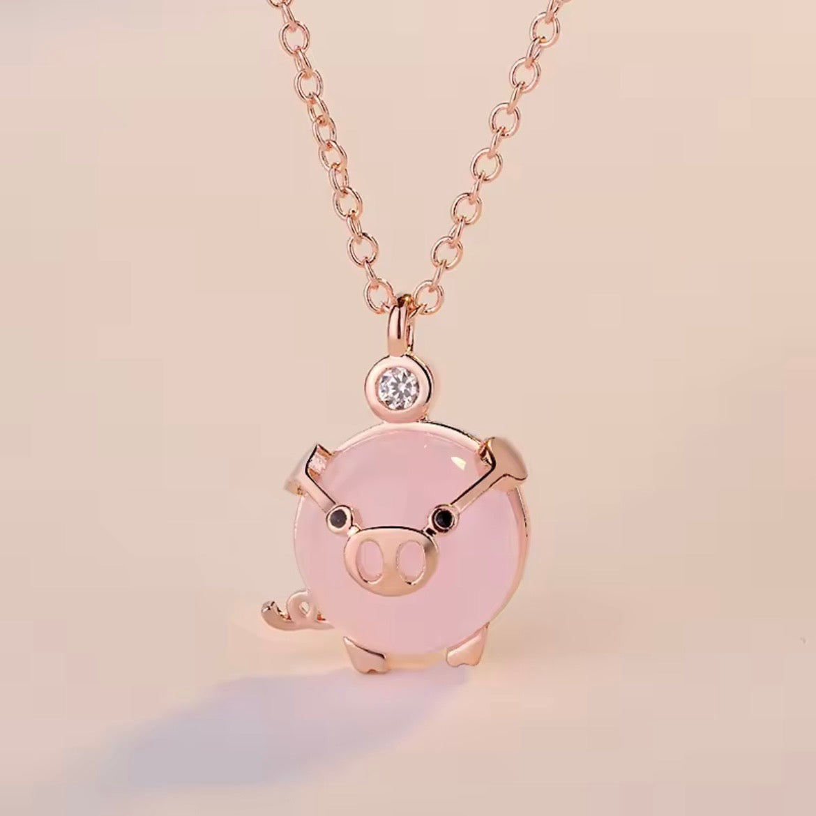 Rose Gold Piglet Pendant With Rose Quartz And Australian Crystal On 14k Vermeil Gold Or Silver Chain