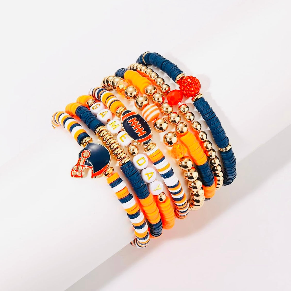 Game Day 8 piece Stackable Friendship FootBall CZ Beaded Charm Bracelet Set In Various Colors & Styles