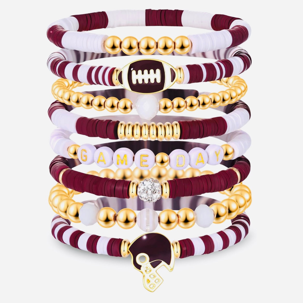 Game Day 8 piece Stackable Friendship FootBall CZ Beaded Charm Bracelet Set In Various Colors & Styles