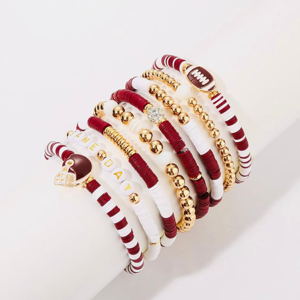 Game Day 8 piece Stackable Friendship FootBall CZ Beaded Charm Bracelet Set In Various Colors & Styles