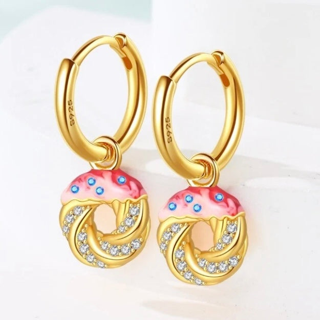 Tricolor Enamel Donut Hoop Dangle Earrings | 10k Vermeil Gold with Australia Crystals