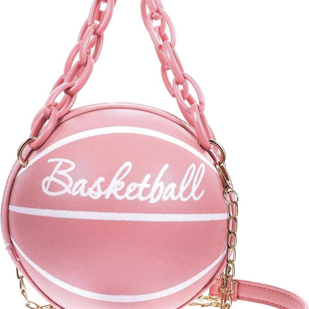 Cross Body Vegan Leather Basketball Handbag w/ CZ Gold Chain, Several Colors & Styles Available