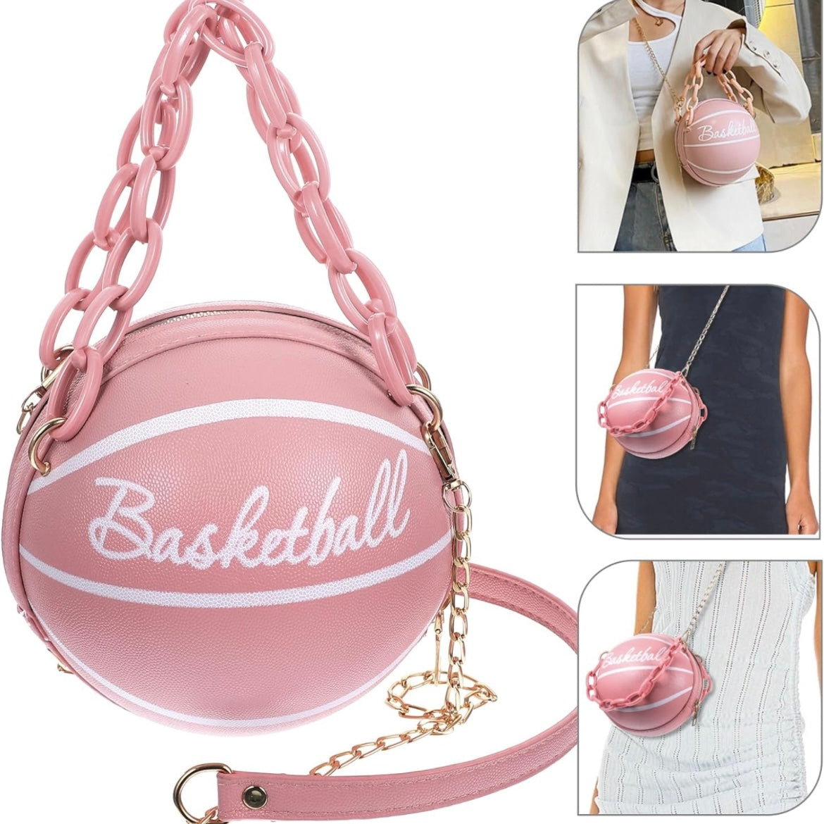 Cross Body Vegan Leather Basketball Handbag w/ CZ Gold Chain, Several Colors & Styles Available