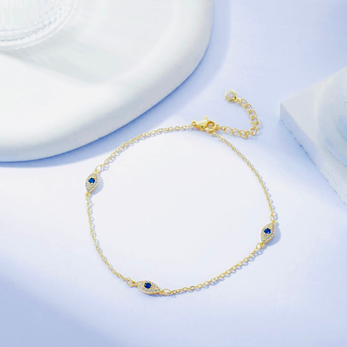 Evil Eye Gold & Cubic Zirconia Ankle Bracelet – Good Fortune Anklet for Protection & Style