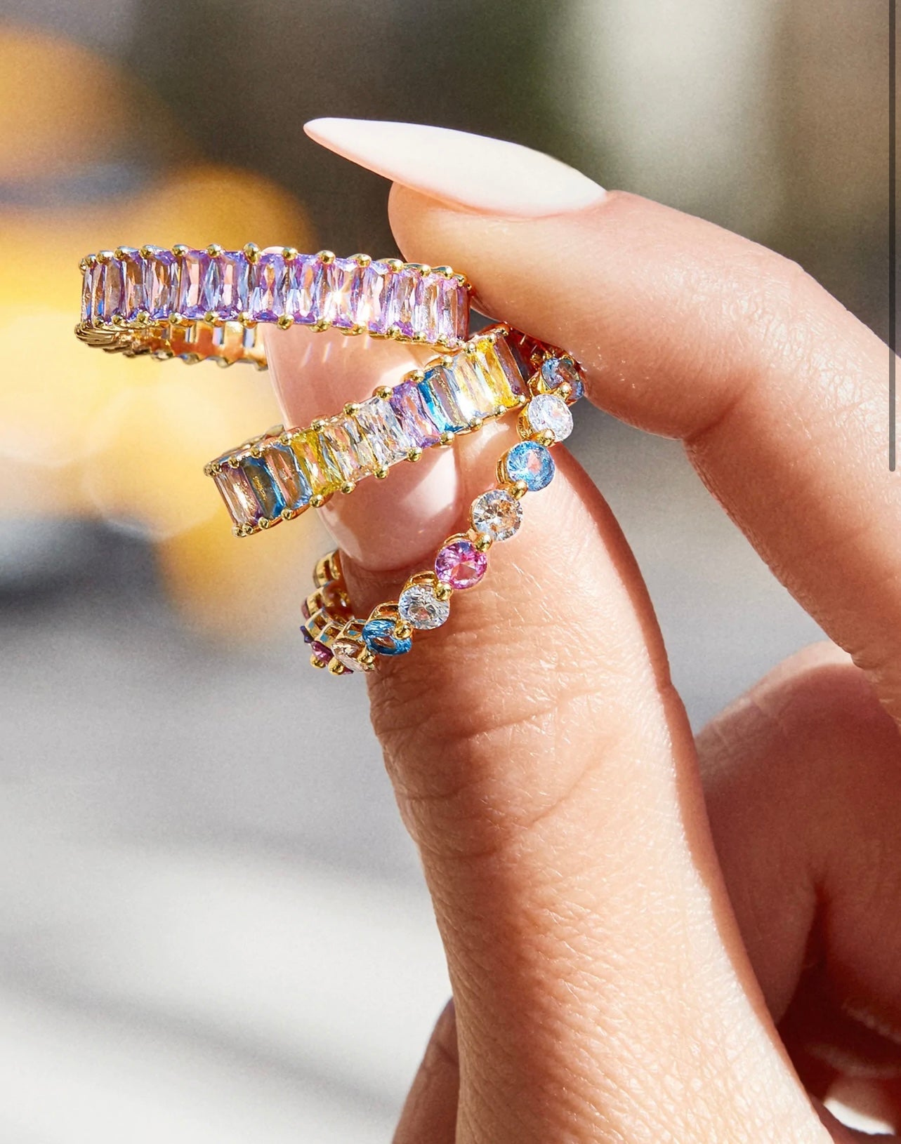 Exquisite Multi Color Flawless Cut Cubic Zirconia 14k Gold Silver Eternity Baguette Ring Size 7