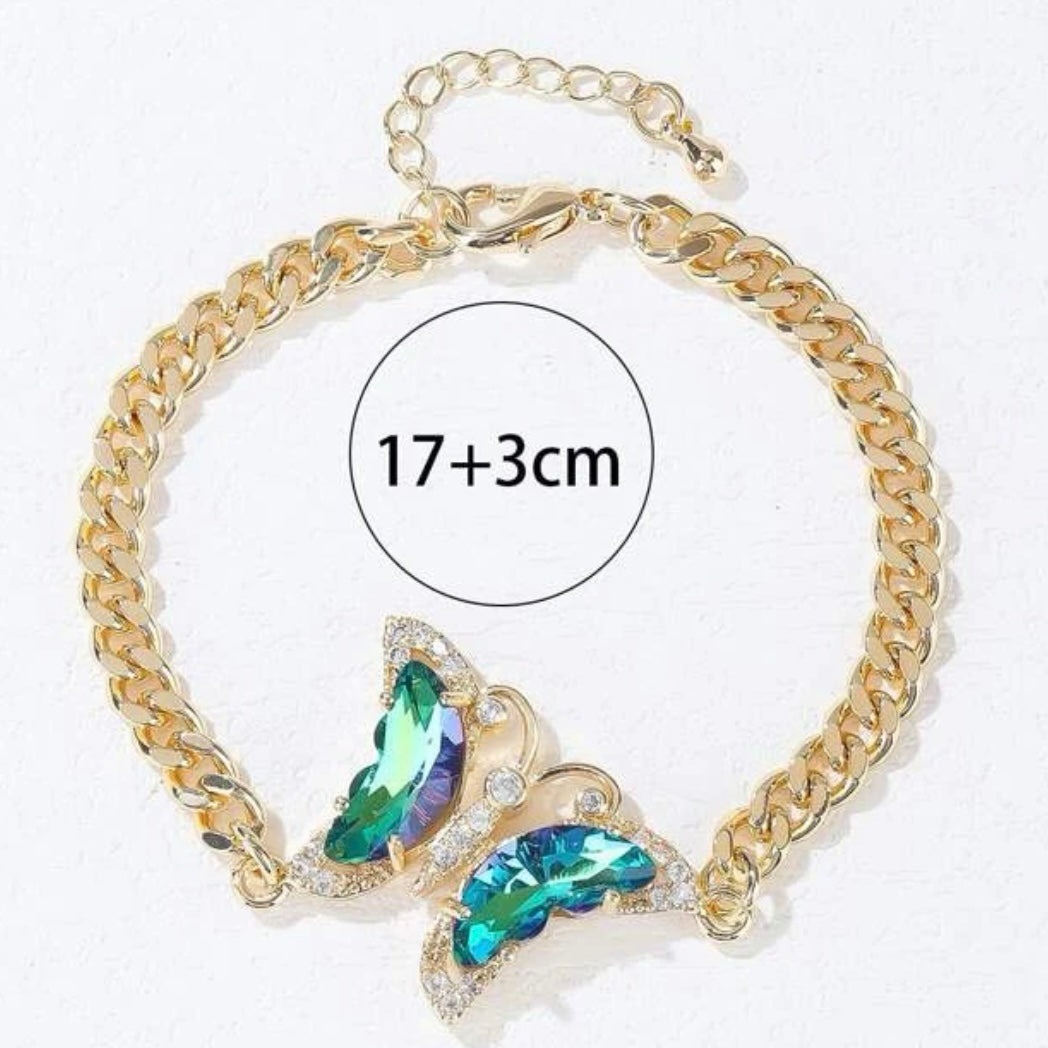Sparkling Blue Sapphire Butterfly Pendant on 14k Vermeil Gold Cuban Link Bracelet