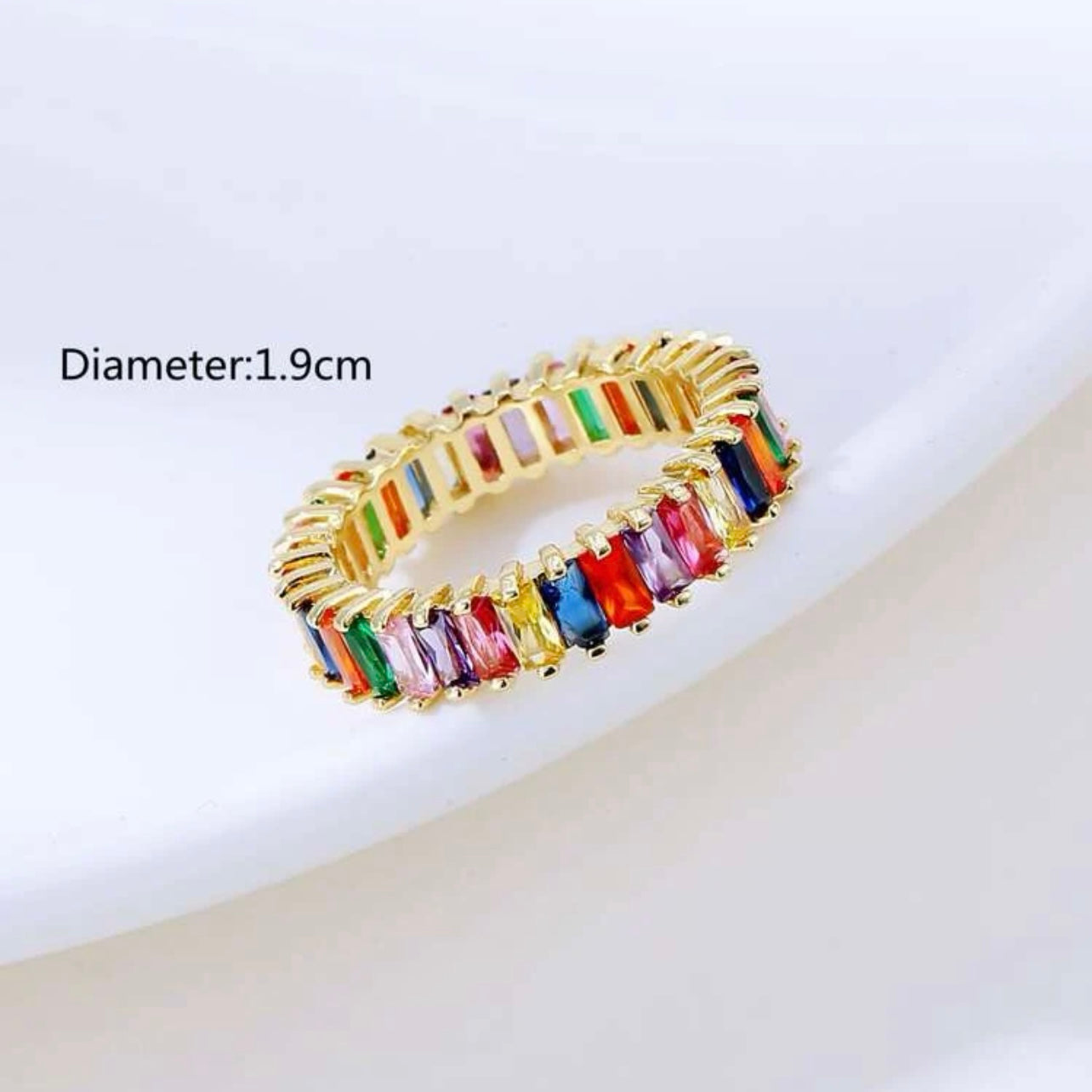 Exquisite Multi Color Flawless Cut Cubic Zirconia 14k Gold Silver Eternity Baguette Ring Size 7