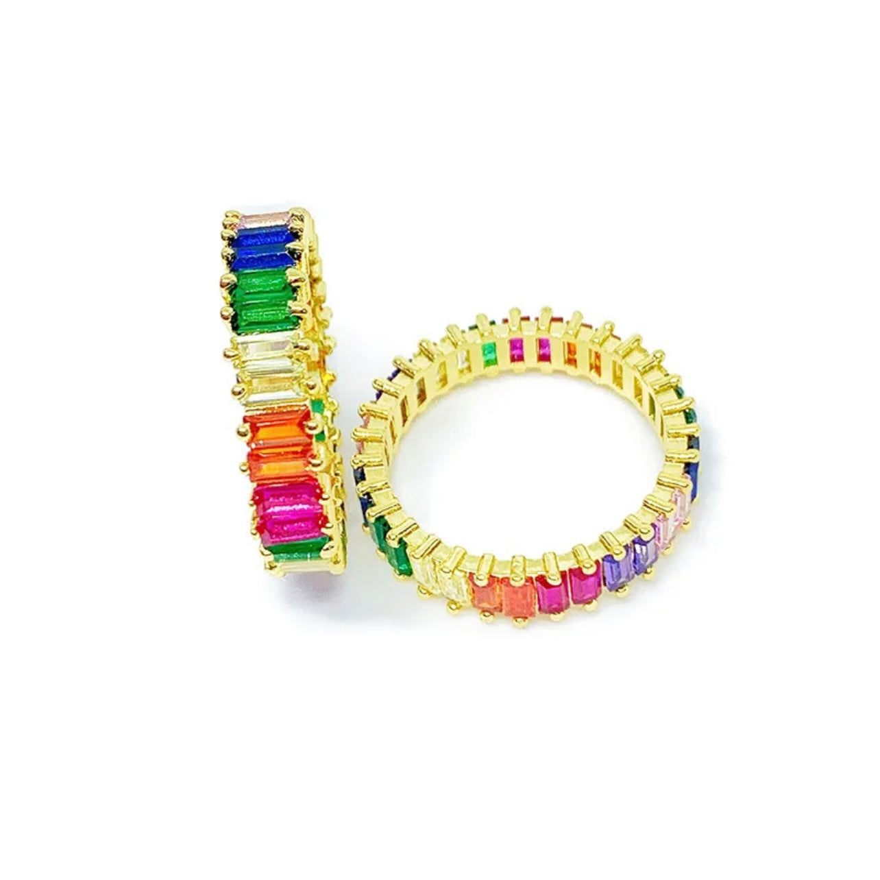 Exquisite Multi Color Flawless Cut Cubic Zirconia 14k Gold Silver Eternity Baguette Ring Size 7