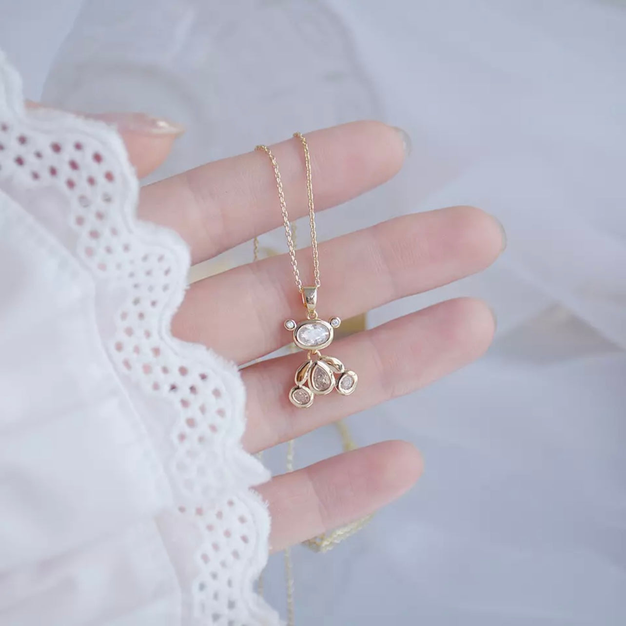 14k Gold Super Sparkling Chrystal Teddy Bear Pendant Necklace For Her Bridal Shower, Babyshower, Birthday, Valentine's Day Or Newyears Gift