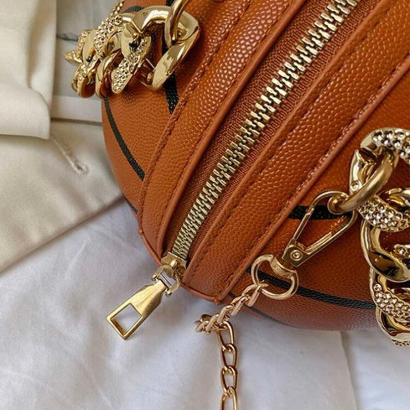 Cross Body Vegan Leather Basketball Handbag w/ CZ Gold Chain, Several Colors & Styles Available