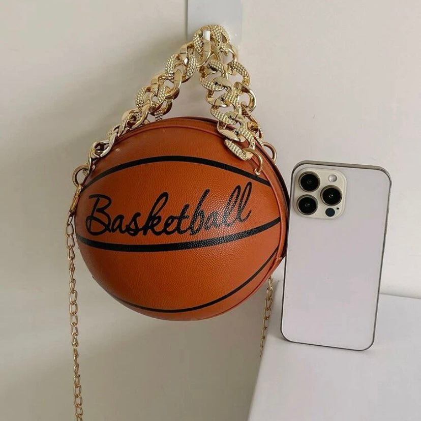 Cross Body Vegan Leather Basketball Handbag w/ CZ Gold Chain, Several Colors & Styles Available