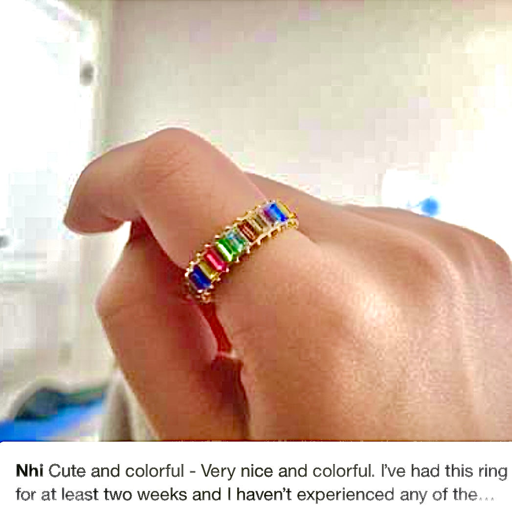 Exquisite Multi Color Flawless Cut Cubic Zirconia 14k Gold Silver Eternity Baguette Ring Size 7