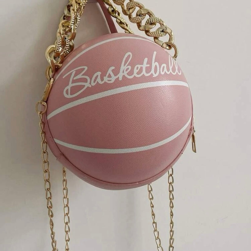 Cross Body Vegan Leather Basketball Handbag w/ CZ Gold Chain, Several Colors & Styles Available