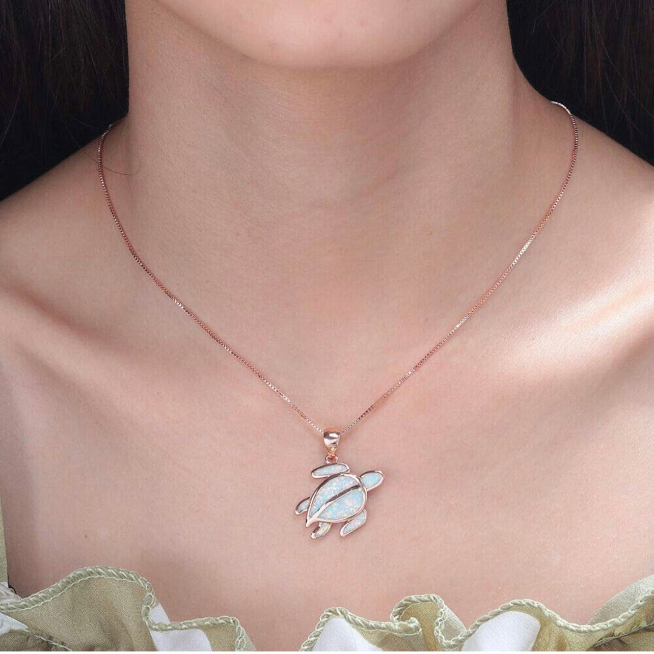 14K Rose Gold Opal Sea Turtle Pendant Necklace Set