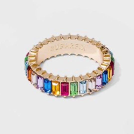 Exquisite Multi Color Flawless Cut Cubic Zirconia 14k Gold Silver Eternity Baguette Ring Size 7