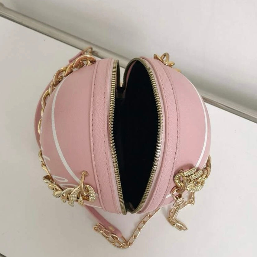 Cross Body Vegan Leather Basketball Handbag w/ CZ Gold Chain, Several Colors & Styles Available