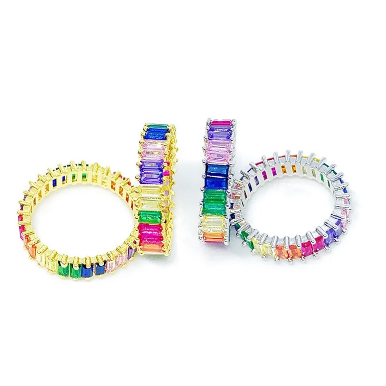 Exquisite Multi Color Flawless Cut Cubic Zirconia 14k Gold Silver Eternity Baguette Ring Size 7