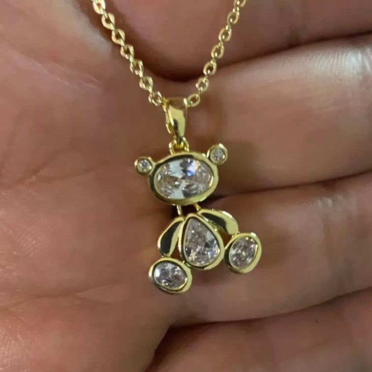 14k Gold Super Sparkling Chrystal Teddy Bear Pendant Necklace For Her Bridal Shower, Babyshower, Birthday, Valentine's Day Or Newyears Gift