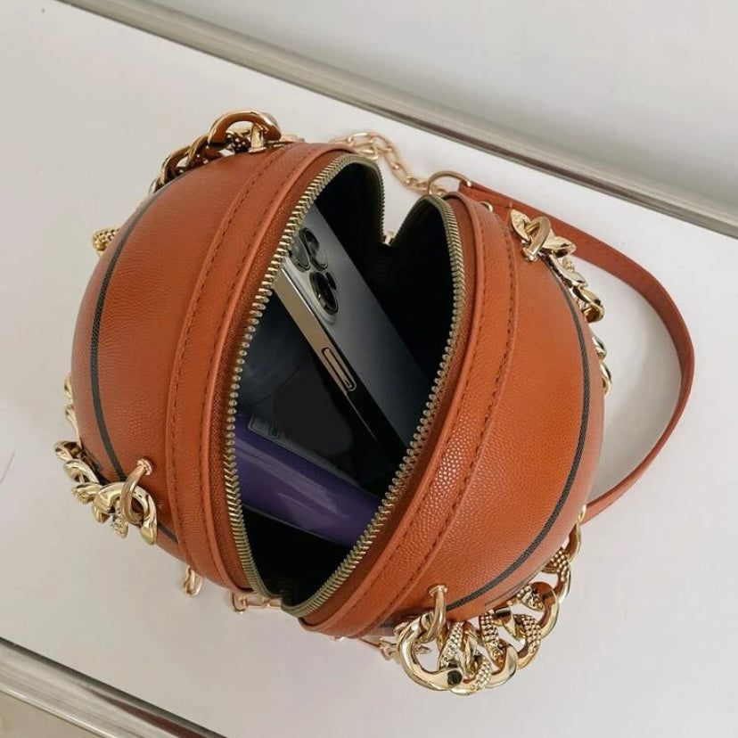 Cross Body Vegan Leather Basketball Handbag w/ CZ Gold Chain, Several Colors & Styles Available