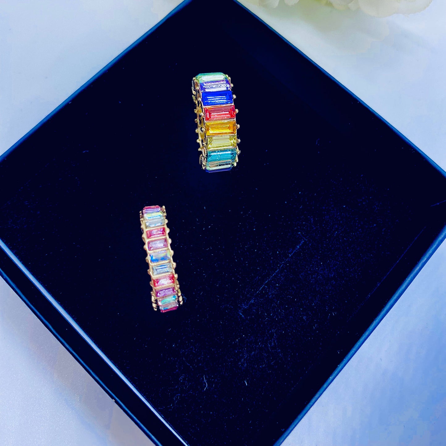 Exquisite Multi Color Flawless Cut Cubic Zirconia 14k Gold Silver Eternity Baguette Ring Size 7