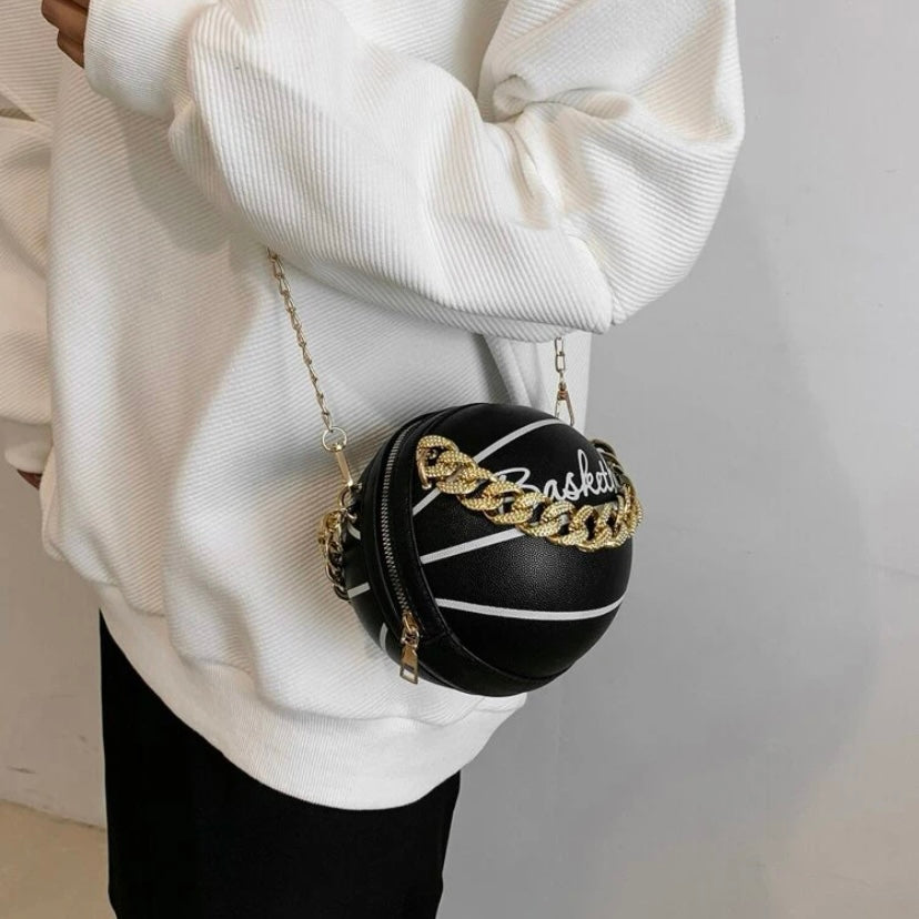 Cross Body Vegan Leather Basketball Handbag w/ CZ Gold Chain, Several Colors & Styles Available