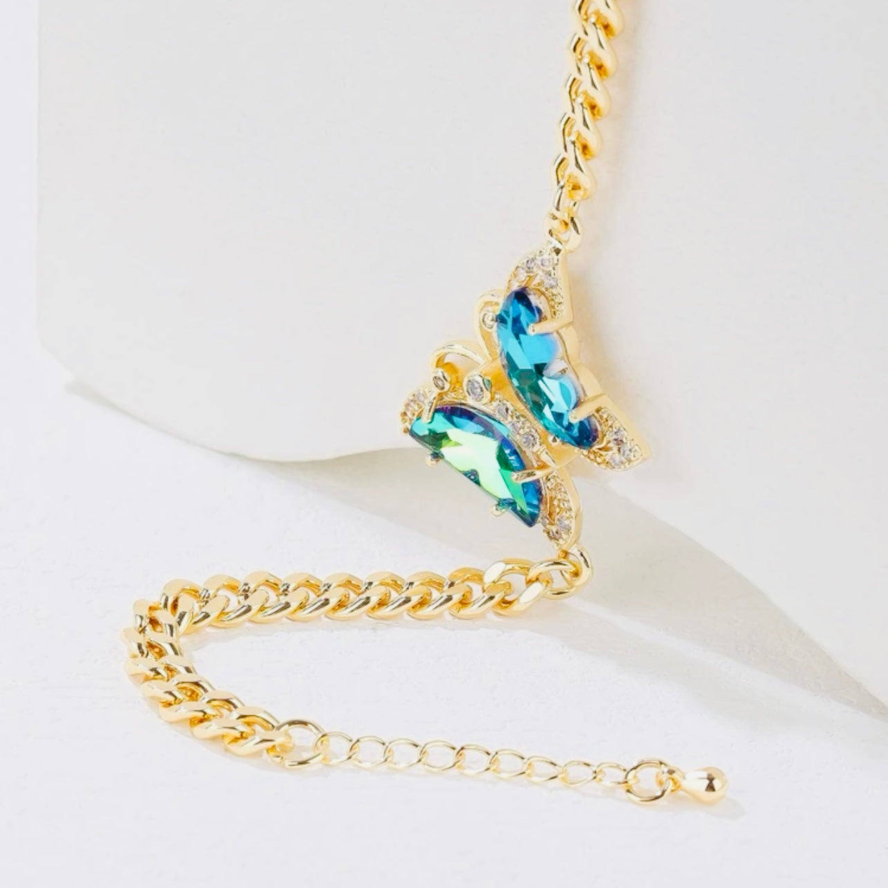 Sparkling Blue Sapphire Butterfly Pendant on 14k Vermeil Gold Cuban Link Bracelet