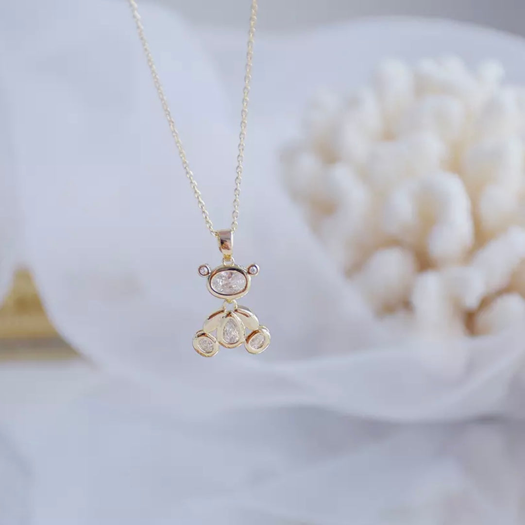 14k Gold Super Sparkling Chrystal Teddy Bear Pendant Necklace For Her Bridal Shower, Babyshower, Birthday, Valentine's Day Or Newyears Gift