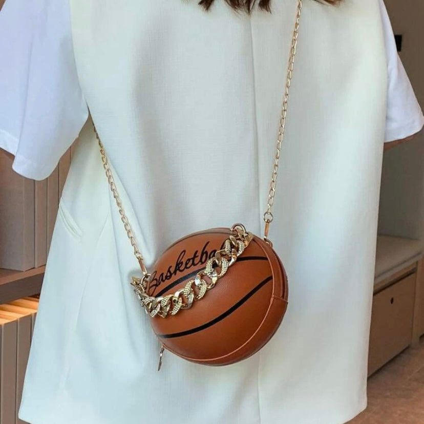Cross Body Vegan Leather Basketball Handbag w/ CZ Gold Chain, Several Colors & Styles Available